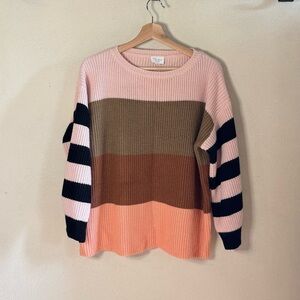 143 Story by Line Up Pink Tan Brown Colorblock Crewneck Striped Knit Sweater M
